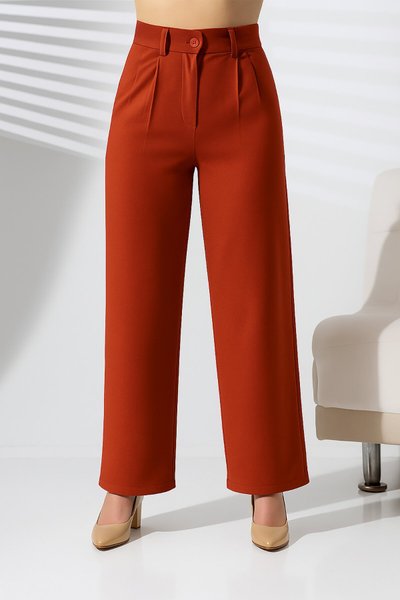 بنطلون بالازو من قماش الكريب بلون الطوبي بأزرار وجيوب