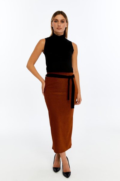 Terracotta Long Stretch Velvet Belted Winter Pencil Skirt