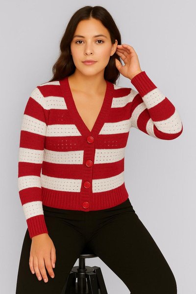 Red Front Buttoned and Two-Tone Knitted Cardigan