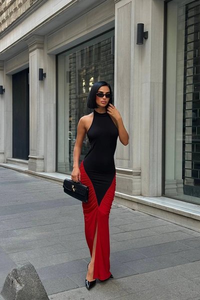Red Long Ruched Backless Two-Tone Evening Dress
