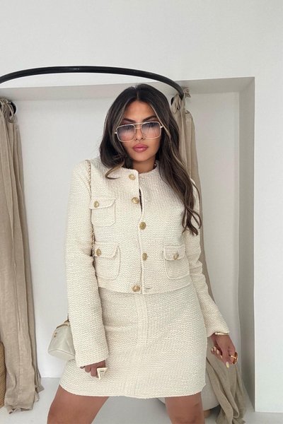 Cream Tweed Jacket Skirt Two-Piece Set