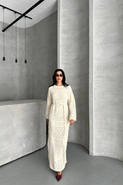 Krem Uzun Desenli Ful Astarlı Ajur Triko Elbise