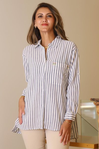 Navy Blue Striped Shirt with a Long Back