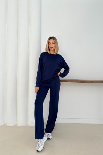 Navy Blue Crew Neck Modal Fabric Basic Two-Piece Set