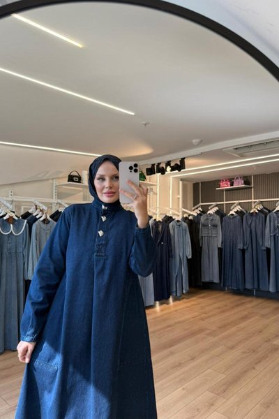 Lacivert Düğmeli Arkası A Pile Büyük Cepli Denim Kot Tesettür Elbise