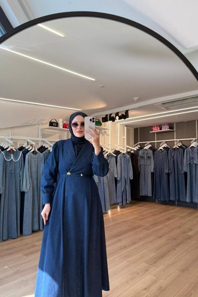 Navy Blue Double-breasted Denim Trench Coat