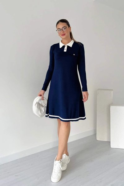 فستان ميدي بياقة بولو وأكمام طويلة من المودال كحلي