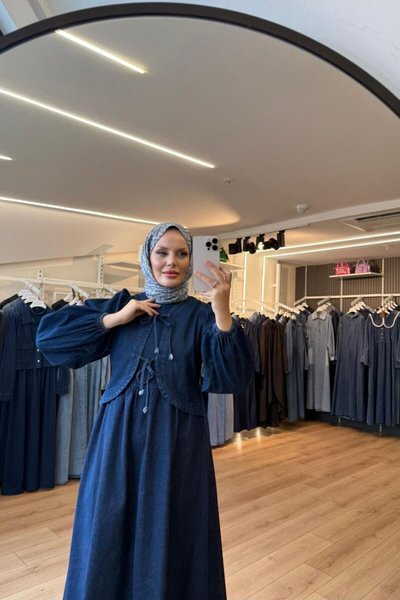 Lacivert Önden Kurdale Bağlamalı Denim Kumaş Tesettür Elbise