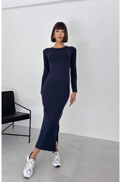 Navy Blue Long Sleeve Modal Fabric Side Slit Dress