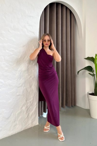 Plum Long One-Shoulder Scarf Detailed Draped Sandy Fabric Dress