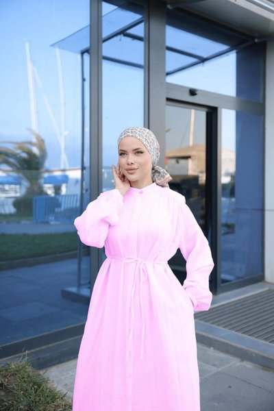 Pink Gathered Shoulder Muslin Dress