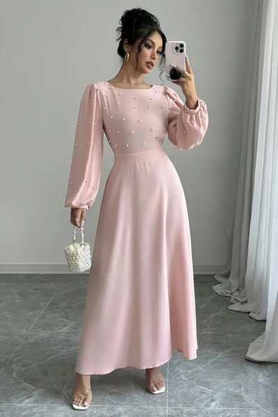Powder Pink Long Pearl Detail Round Neck Princess Sleeve Waist Cut-Out Self-Belted Crepe Fabric Dress