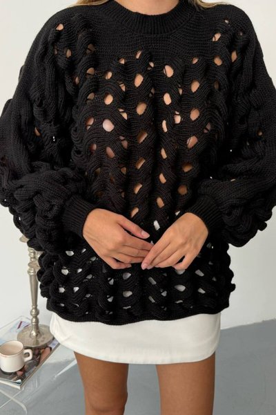 Siyah Ajurlu Triko Oversize Kazak
