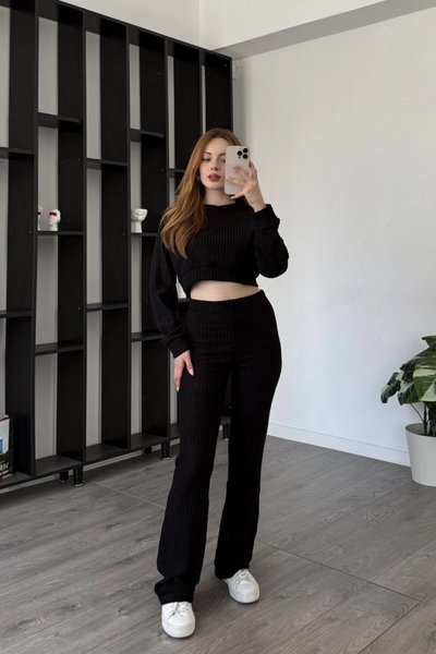 Siyah Fitilli Crop Bluz İkili Pantolon Takım