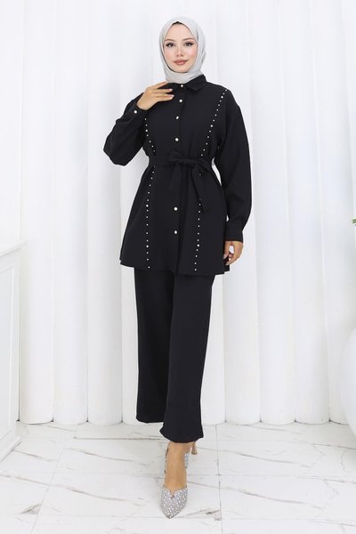 Black Pearled Belted Two-Piece Modest Set