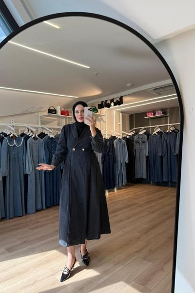 Siyah Kruvaze Yaka Çift Düğmeli Denim Kot Kap Pardesü