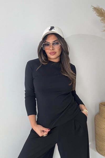 Siyah Massi Uzun Kol Pamuk Tshirt