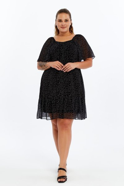 فستان ميدي منقط أسود بخصر مطاطي مبطن بالشيفون مقاس كبير