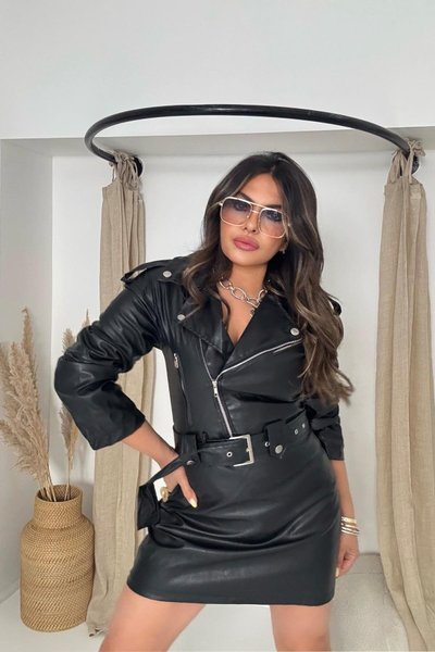 Siyah Mini Deri Biker Model Ceket Elbise