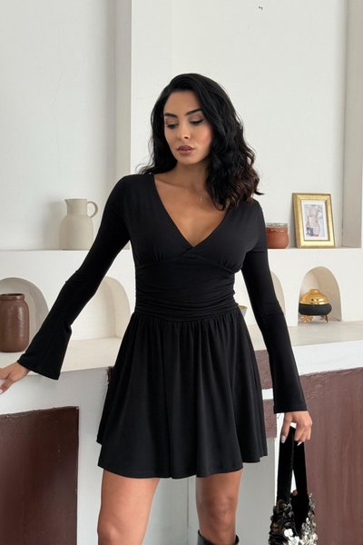 Siyah Mini Şortlu Sandy Kumaş Elbise
