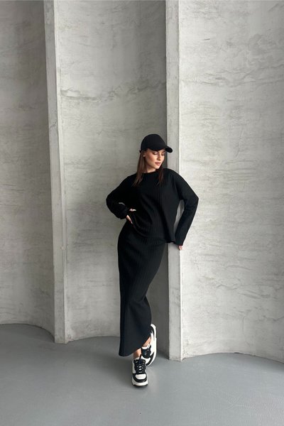 Black Cotton Crew Neck Skirted Two-Piece Set