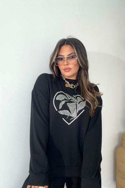 Siyah Taşlı Yaprak Desen Sweatshirt