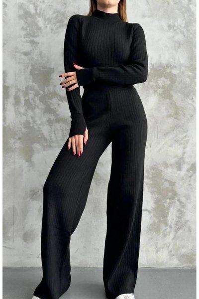 طقم تريكو أسود من قطعتين ببنطلون