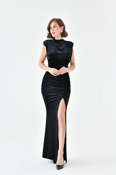 Black Long Stand Collar Draped Detailed Slit Velvet Evening Dress