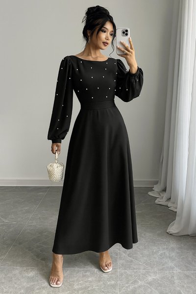 Black Long Crepe Fabric Dress with Pearl Detail, Round Neck, Princess Sleeves, Waist Cut-out, and Self-Tie Belt