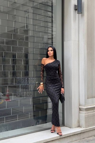Black Long One-Shoulder Detachable Sleeve Asymmetric Lace Lined Evening Dress