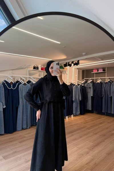 Black Side-Tie Vested Suede Modest Dress