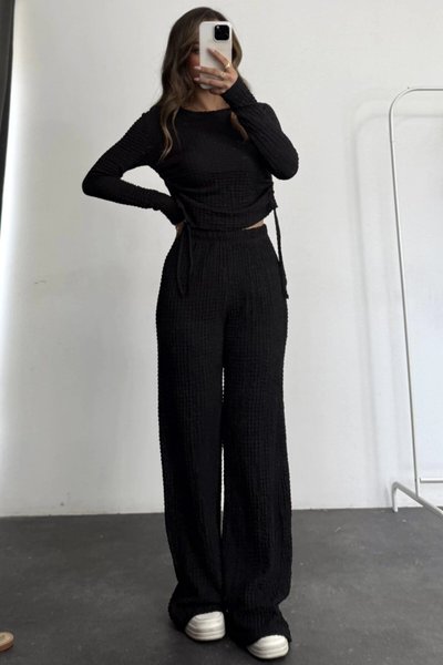 Black Ruched Sides Gofre Fabric Two-Piece Set
