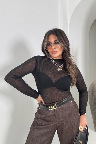 Siyah Yarı Transparan Kırçıllı Tül Bluz