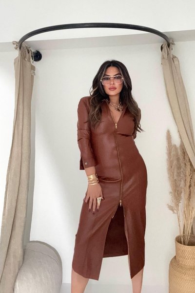Tan Midi Leather Dress with Slit and Zipper Detail