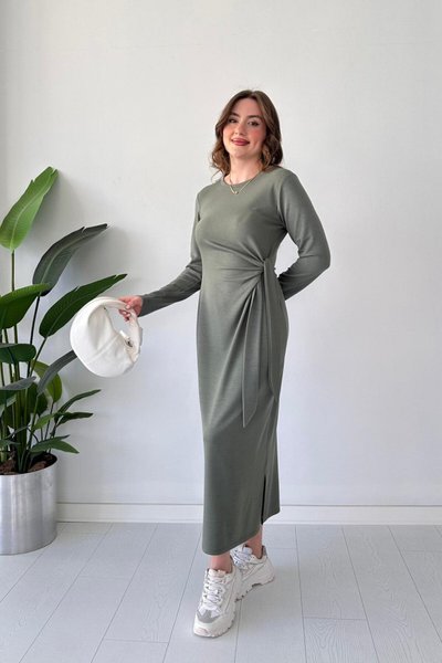 Green Long Sleeve Tie-Detail Modal Dress