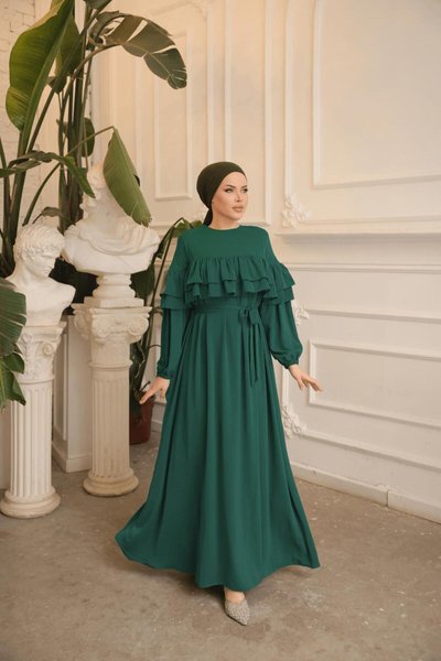 Zümrüt Çift Fırfırlı Salaş Tesettür Elbise