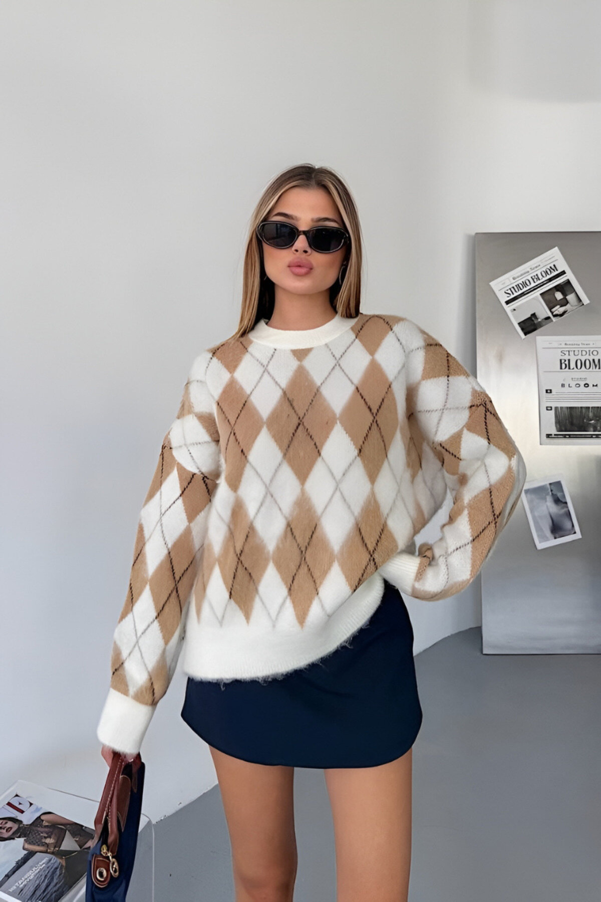 Vizon Baklava Desenli Oversize Kazak - İLKCET MODA