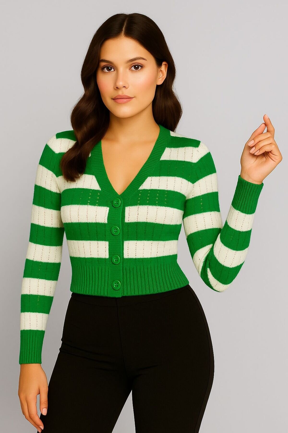 Green Button-Front Dual-Color Knit Cardigan - SFG Life Moda