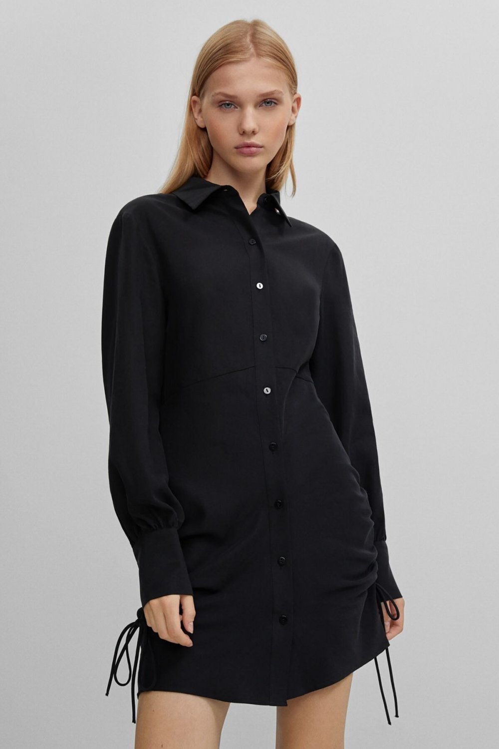 Siyah Büzgülü Mini Gömlek Elbise
